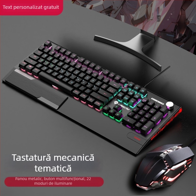 Langtu K1000 Set mecanic tastatură, mouse și căști – 104 taste, conectare cablu, iluminare RGB, comutator mecanic