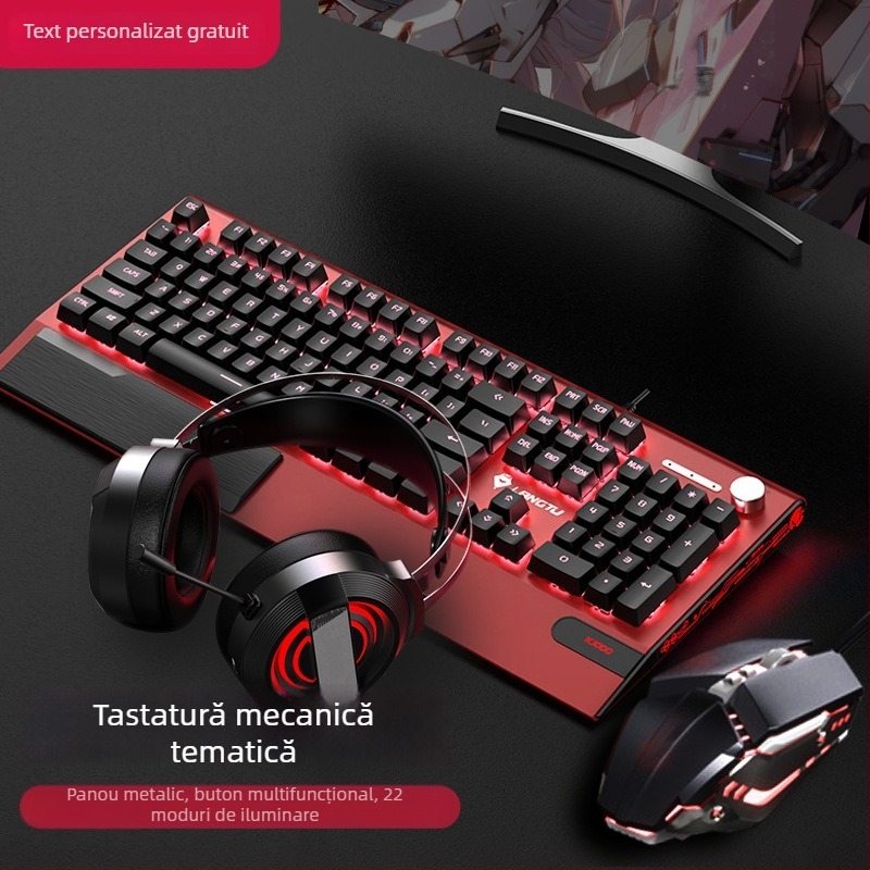 Langtu K1000 Set mecanic tastatură, mouse și căști – 104 taste, conectare cablu, iluminare RGB, comutator mecanic