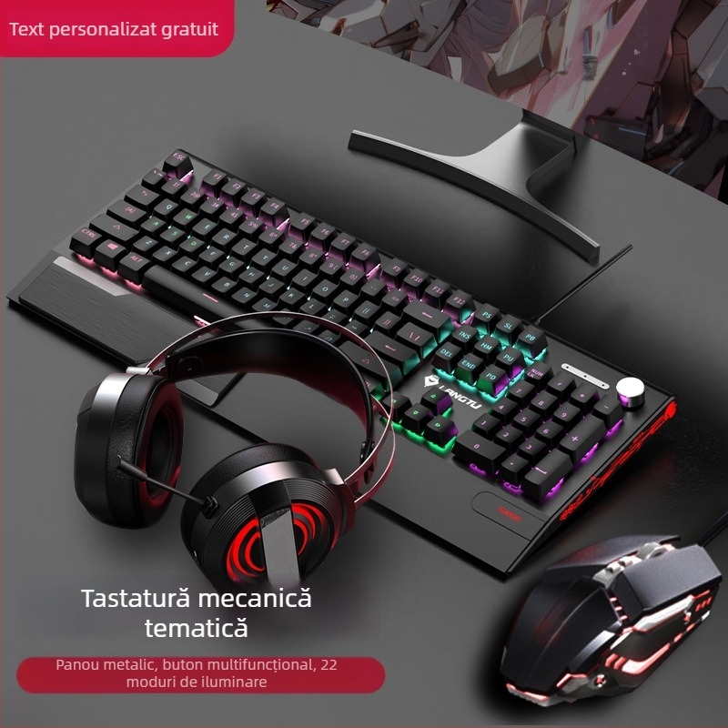 Langtu K1000 Set mecanic tastatură, mouse și căști – 104 taste, conectare cablu, iluminare RGB, comutator mecanic