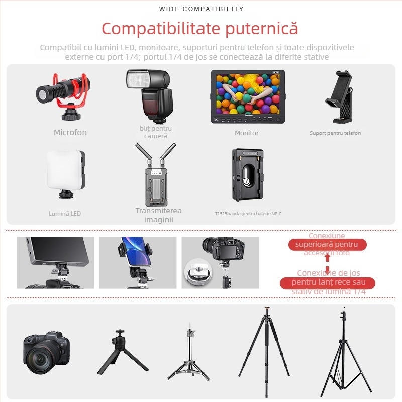 Gimbal metal îmbunătățit cu amortizare reglabilă pentru suportul monitorului și șaua camerei (aliaj de aluminiu)