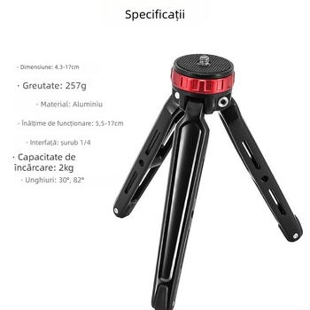 Tripod mic de masă pentru Cameră și Telefon – aliaj de aluminiu, cap pan-tilt sferic, plăcă cu eliberare rapidă, încărcare până la 5 kg
