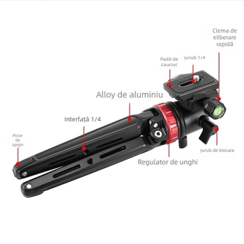 Tripod mic de masă pentru Cameră și Telefon – aliaj de aluminiu, cap pan-tilt sferic, plăcă cu eliberare rapidă, încărcare până la 5 kg