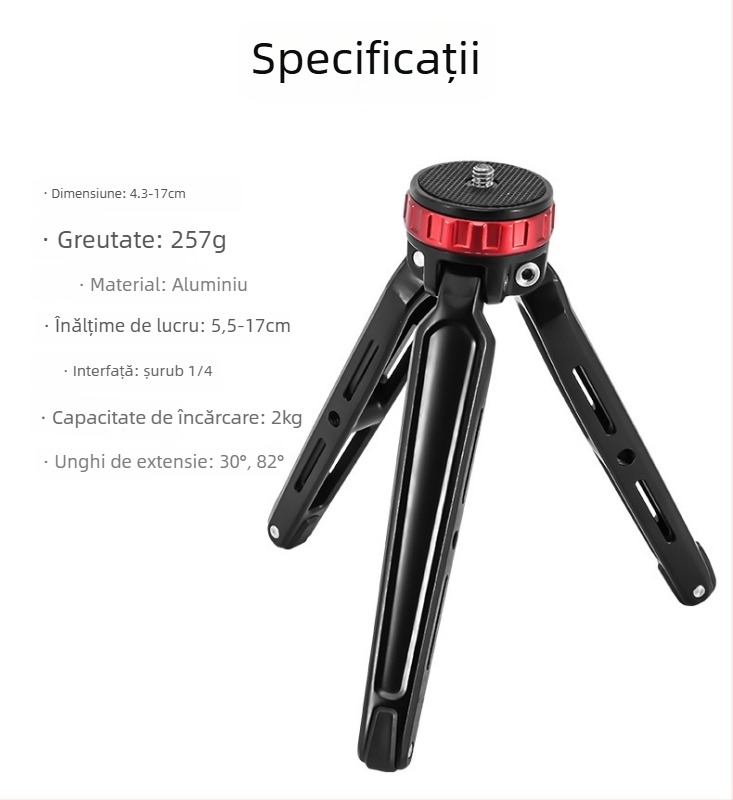 Tripod mic de masă pentru Cameră și Telefon – aliaj de aluminiu, cap pan-tilt sferic, plăcă cu eliberare rapidă, încărcare până la 5 kg
