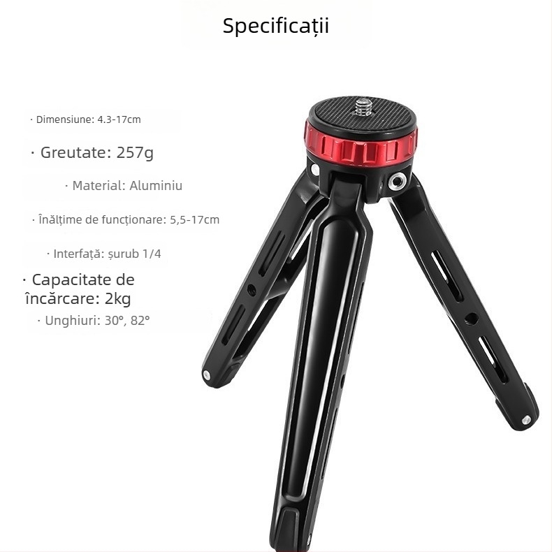 Tripod mic de masă pentru Cameră și Telefon – aliaj de aluminiu, cap pan-tilt sferic, plăcă cu eliberare rapidă, încărcare până la 5 kg