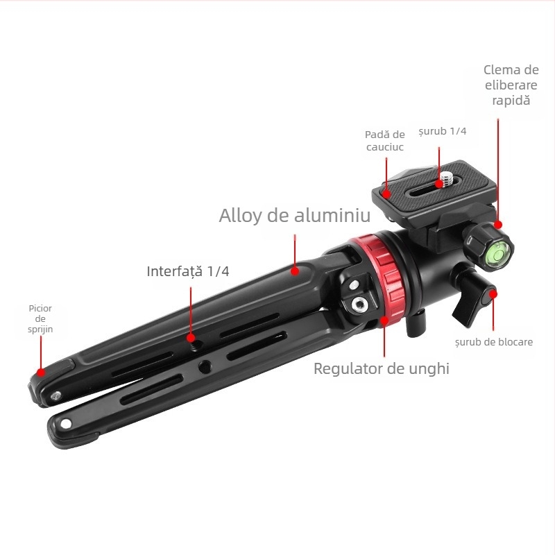 Tripod mic de masă pentru Cameră și Telefon – aliaj de aluminiu, cap pan-tilt sferic, plăcă cu eliberare rapidă, încărcare până la 5 kg