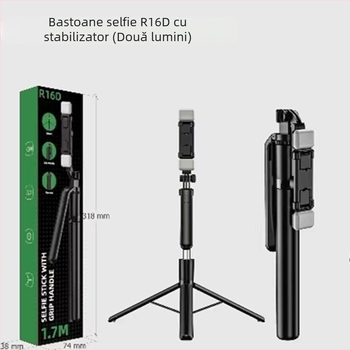 R16D Selfie Stick cu gimbal, trepied 3‑în‑1, iluminare LED și telecomandă Bluetooth – stabilizare a imaginii