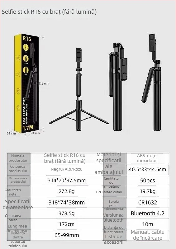 R16D Selfie Stick cu gimbal, trepied 3‑în‑1, iluminare LED și telecomandă Bluetooth – stabilizare a imaginii