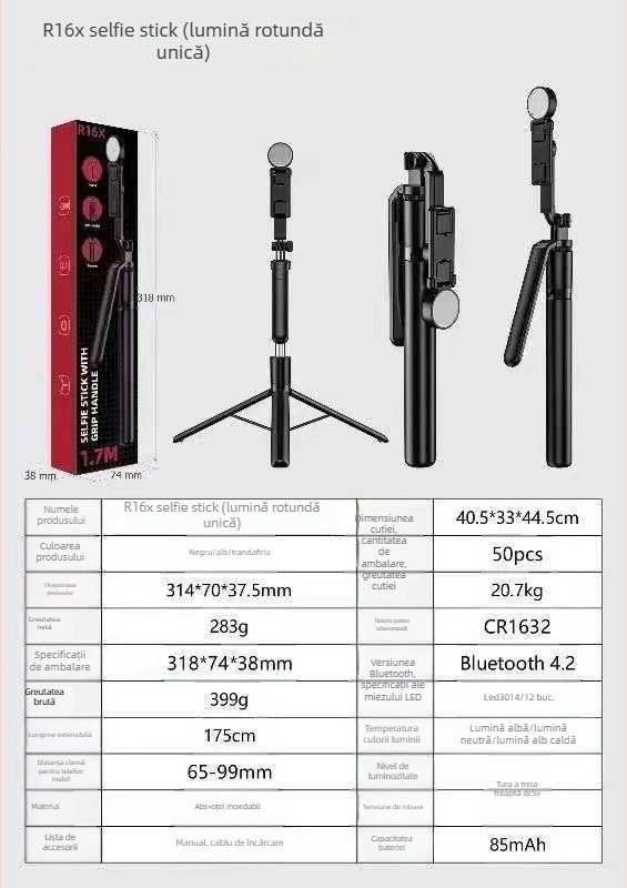 R16D Selfie Stick cu gimbal, trepied 3‑în‑1, iluminare LED și telecomandă Bluetooth – stabilizare a imaginii