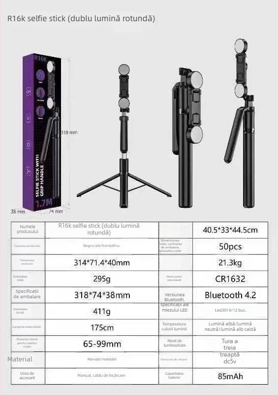 R16D Selfie Stick cu gimbal, trepied 3‑în‑1, iluminare LED și telecomandă Bluetooth – stabilizare a imaginii