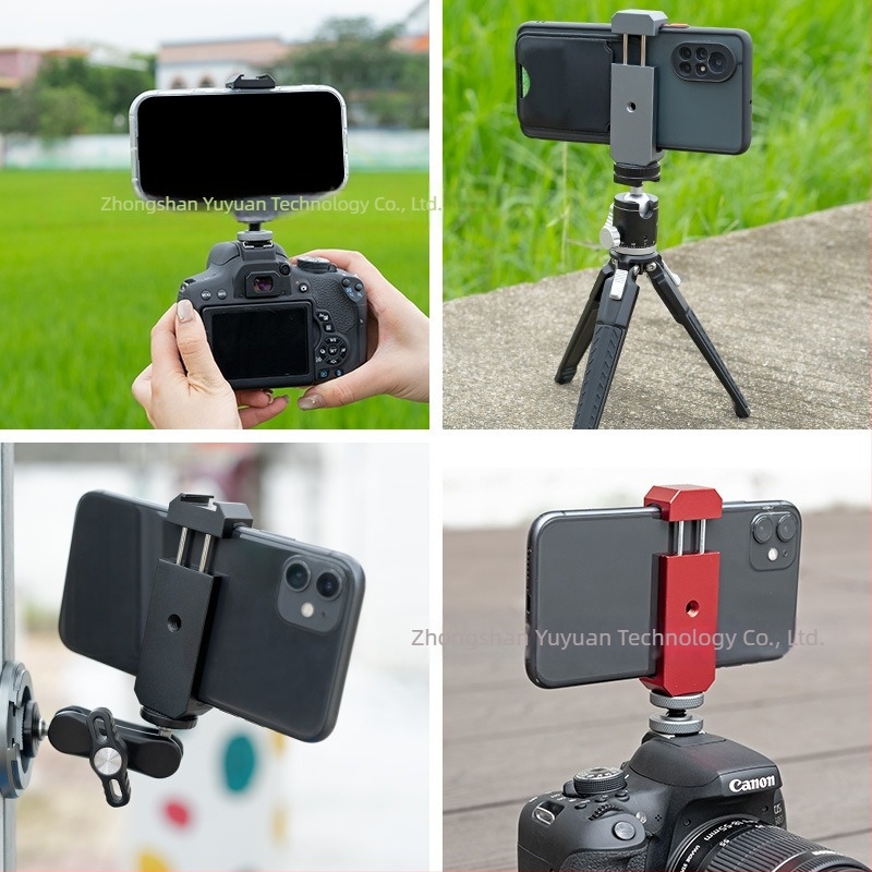 Suport pentru telefon de birou, din aliaj, cu cap pan/tilt pentru selfie și fotografii în direct, cu hot shoe universal