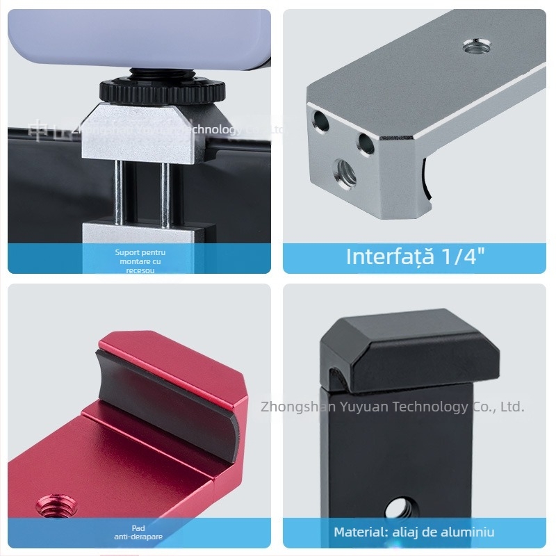 Suport pentru telefon de birou, din aliaj, cu cap pan/tilt pentru selfie și fotografii în direct, cu hot shoe universal