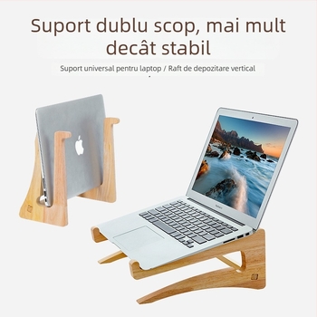 Suport vertical pentru laptop din lemn, cu răcire, suport de birou pliabil pentru depozitare și protecție a coloanei cervicale (Model 200200028)