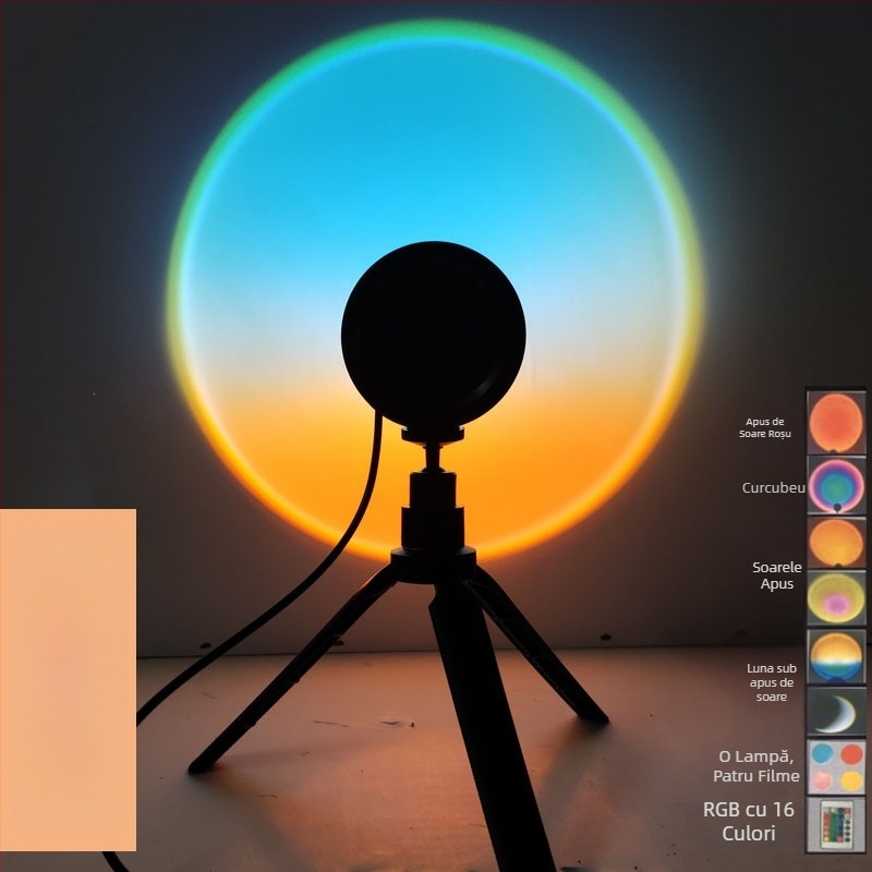 Lampă ambientală Sunset RGB pentru fotografie cu telecomandă (alimentare USB, proiecție lumină de noapte, lampă modernă de podea/birou, fără control inteligent)