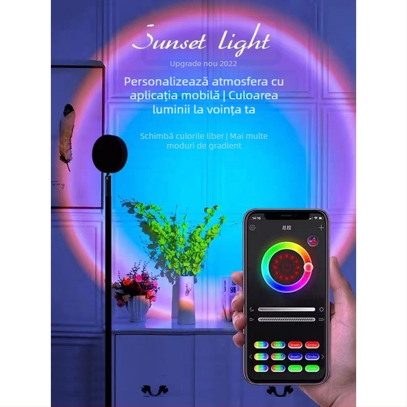 Lampă de podea cu culoare de apus reglabilă și lumină ambientală pentru curte, alimentare cu curent alternativ (AC), montaj pe perete, fără control inteligent, potrivită pentru streaming live și fotografie