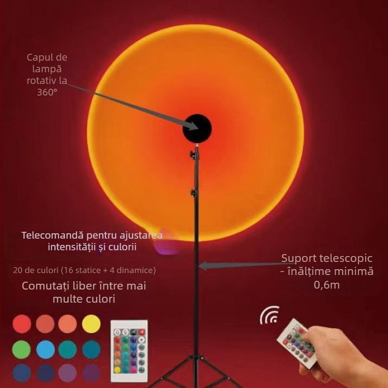 Lampă de podea cu culoare de apus reglabilă și lumină ambientală pentru curte, alimentare cu curent alternativ (AC), montaj pe perete, fără control inteligent, potrivită pentru streaming live și fotografie