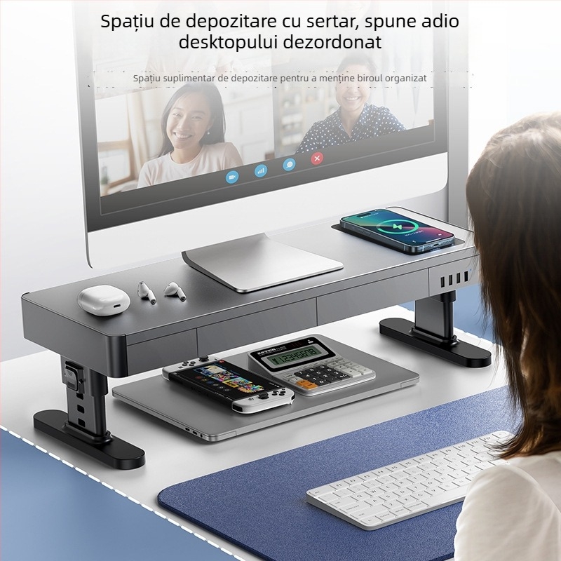 Suport reglabil pentru monitor din metal, cu spațiu de depozitare pe birou și încărcare USB fără fir
