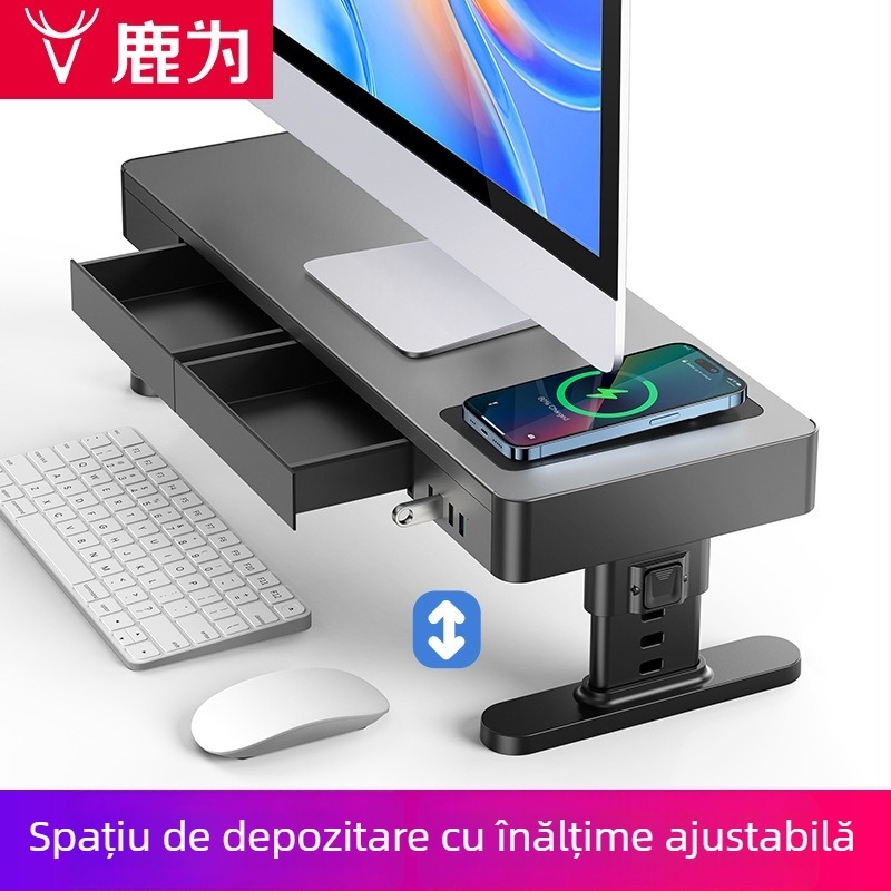 Suport reglabil pentru monitor din metal, cu spațiu de depozitare pe birou și încărcare USB fără fir
