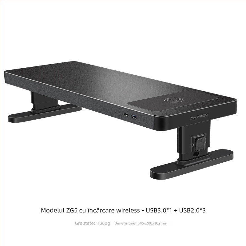 Suport reglabil pentru monitor din metal, cu spațiu de depozitare pe birou și încărcare USB fără fir