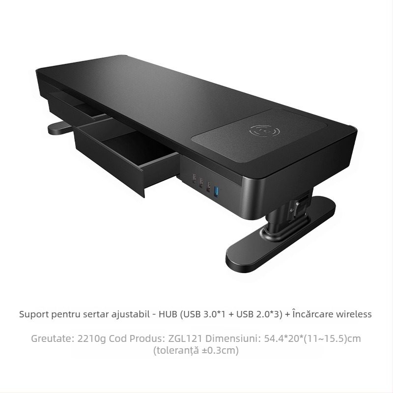 Suport reglabil pentru monitor din metal, cu spațiu de depozitare pe birou și încărcare USB fără fir