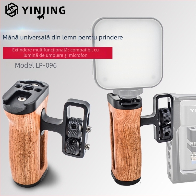 LP-096 Mâner de mână din lemn pentru cameră — aliaj de aluminiu + lemn, compatibil universal cu camere, tip: mâner pentru bliț, sarcină maximă 2–5 kg