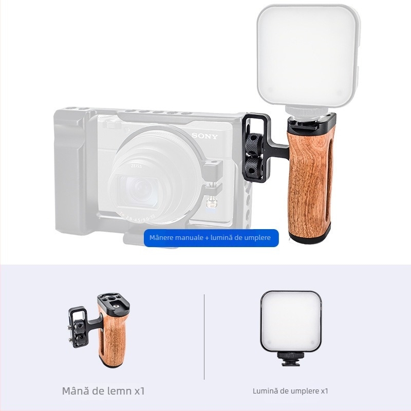 LP-096 Mâner de mână din lemn pentru cameră — aliaj de aluminiu + lemn, compatibil universal cu camere, tip: mâner pentru bliț, sarcină maximă 2–5 kg