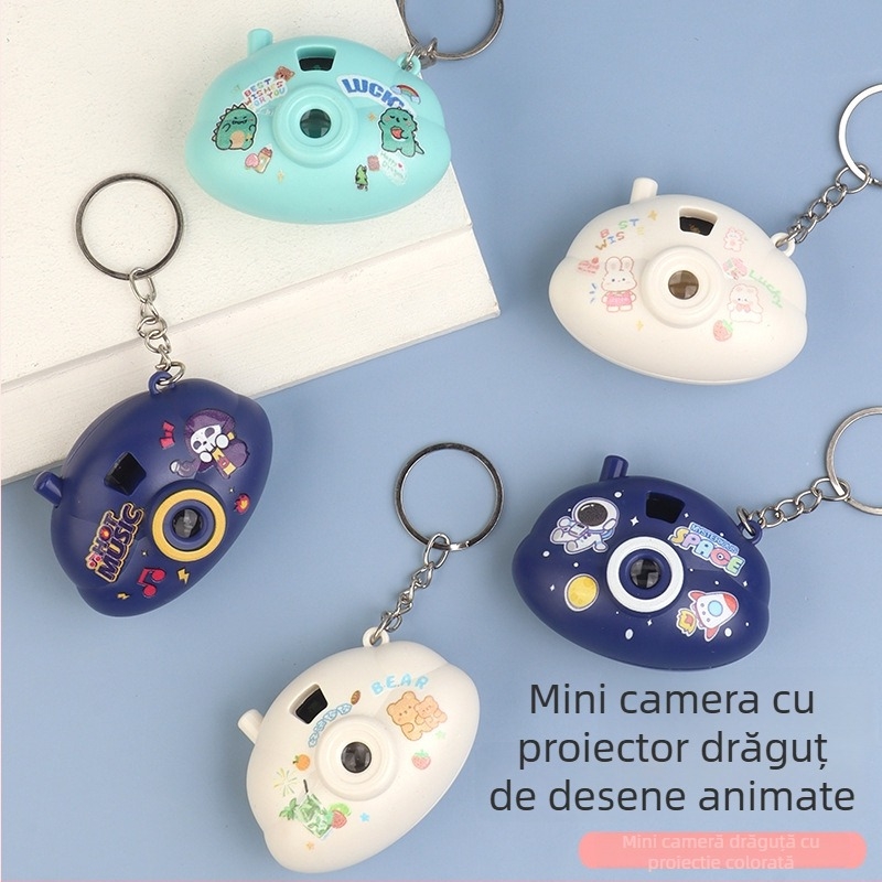 Cameră mini cu proiecție luminosă, în stil desene animate, breloc din plastic, pentru copii 4–6 ani