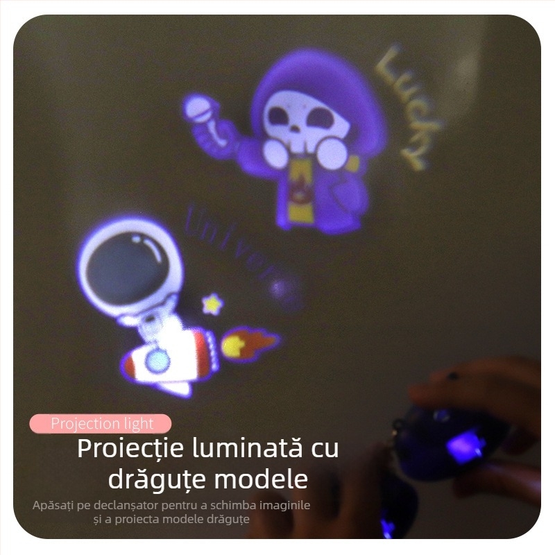 Cameră mini cu proiecție luminosă, în stil desene animate, breloc din plastic, pentru copii 4–6 ani