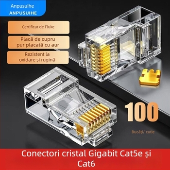 Conector RJ45 cu 8 conductori din cupru pur, contacte placate cu aur, compatibil Cat5e/Cat6, transmisie de înaltă viteză