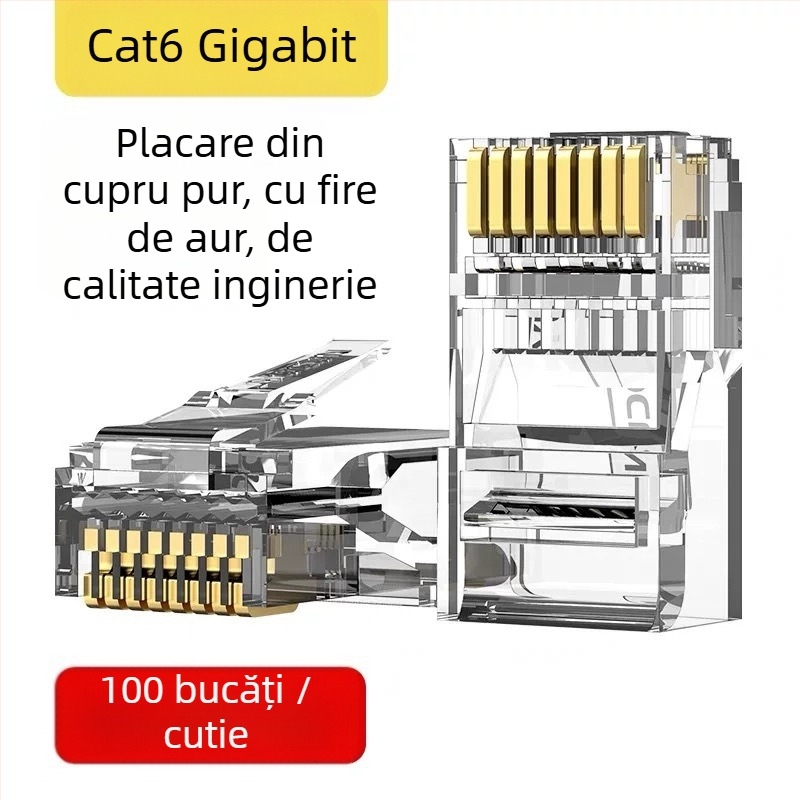 Conector RJ45 cu 8 conductori din cupru pur, contacte placate cu aur, compatibil Cat5e/Cat6, transmisie de înaltă viteză
