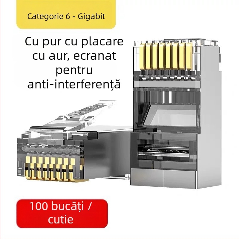 Conector RJ45 cu 8 conductori din cupru pur, contacte placate cu aur, compatibil Cat5e/Cat6, transmisie de înaltă viteză