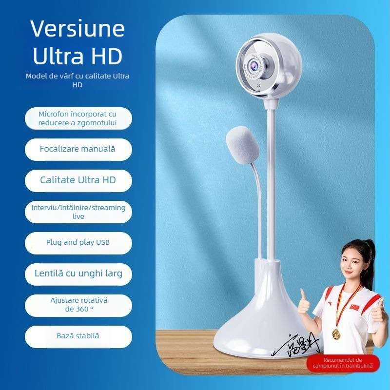 Webcam HD 720p pentru desktop, USB 2.0, fără driver, microfon încorporat, obiectiv cu unghi larg