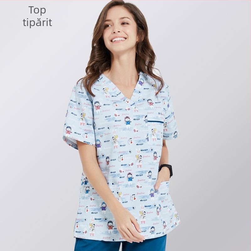 Set de uniformă medicală din poliester cu absorbție a umezelii, unisex, decolteu în V, mâneci scurte, pantaloni