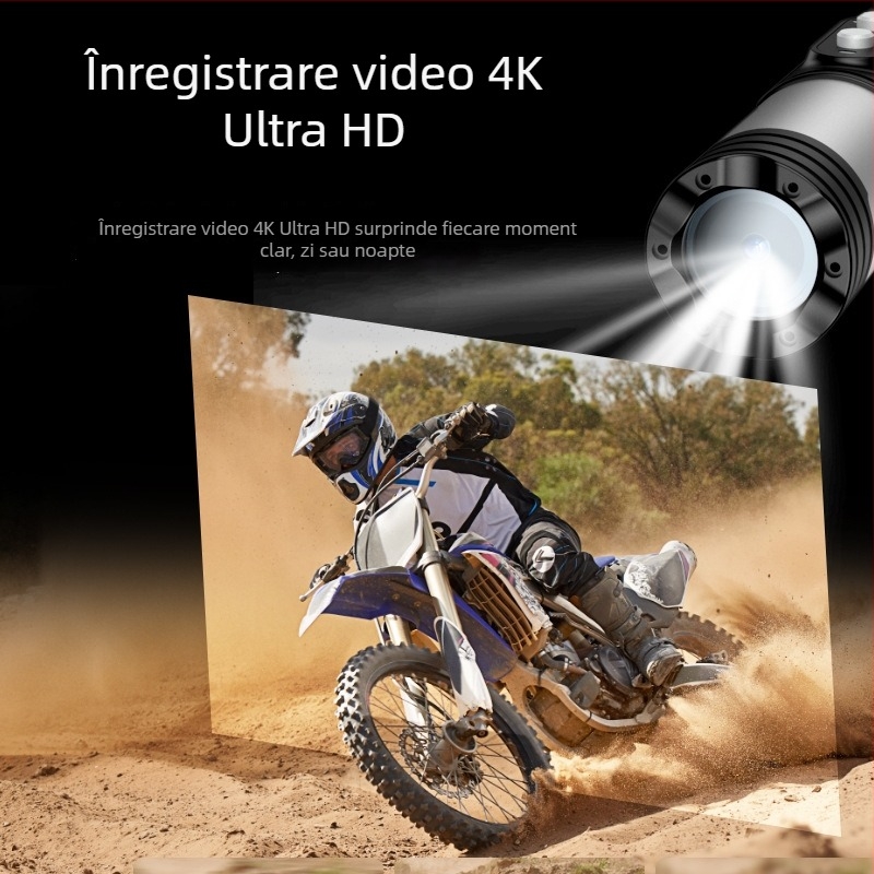 Cameră pentru cască cu design de lanternă: videoclipuri 4K, senzor 8MP, IP66 rezistent la apă, baterie 1600mAh, WiFi