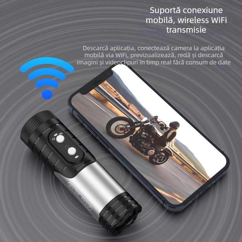 Cameră pentru cască cu design de lanternă: videoclipuri 4K, senzor 8MP, IP66 rezistent la apă, baterie 1600mAh, WiFi