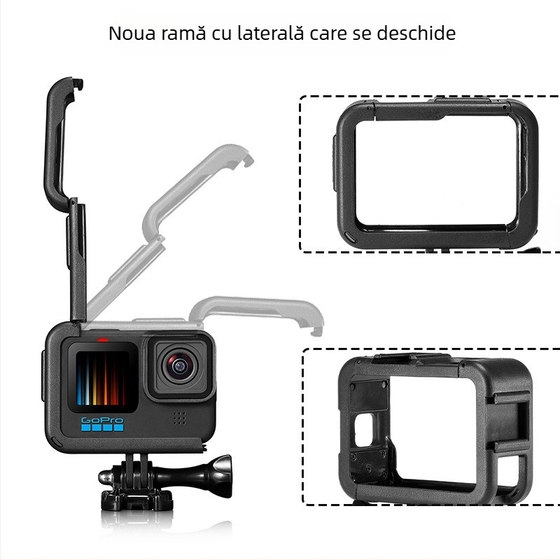 GoPro 10/11/12/13 cadru plastic cu protecție anti-cadere și capac baterie – Material PA; include cadru, bază, șuruburi lungi, capac obiectiv, capac baterie; ambalaj inclus; compatibil GoPro 9