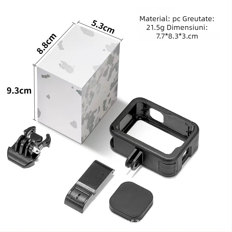 GoPro 10/11/12/13 cadru plastic cu protecție anti-cadere și capac baterie – Material PA; include cadru, bază, șuruburi lungi, capac obiectiv, capac baterie; ambalaj inclus; compatibil GoPro 9