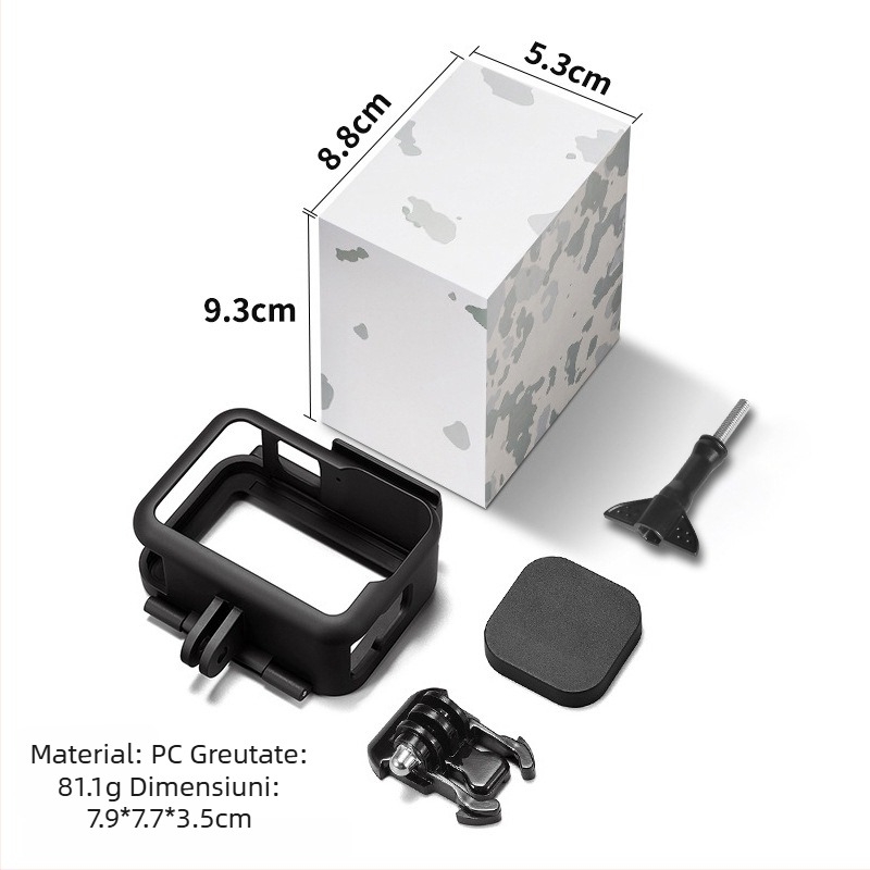 GoPro 10/11/12/13 cadru plastic cu protecție anti-cadere și capac baterie – Material PA; include cadru, bază, șuruburi lungi, capac obiectiv, capac baterie; ambalaj inclus; compatibil GoPro 9