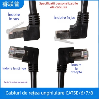 Cablu de rețea RJ45 cu unghi drept de 90°, coturi duble, compatibil Cat5/5e/6/6a/7/8, 10 Gbps