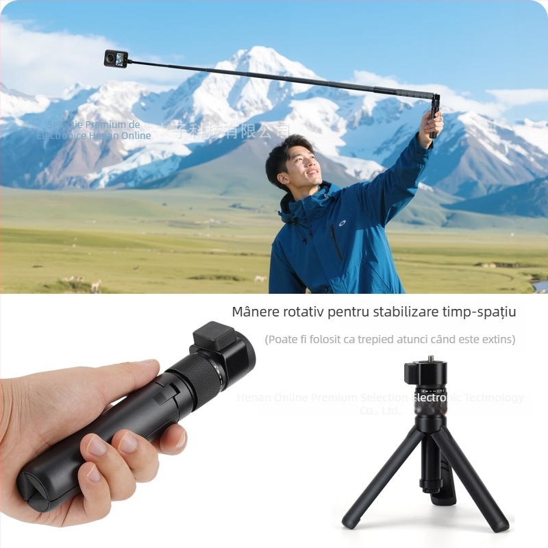 Trepied cu mâner rotativ din aliaj de aluminiu, extensie pentru camere Insta360 și camere panoramice DJI, model Zd-0258, 4 secțiuni, sarcină maximă până la 2 kg