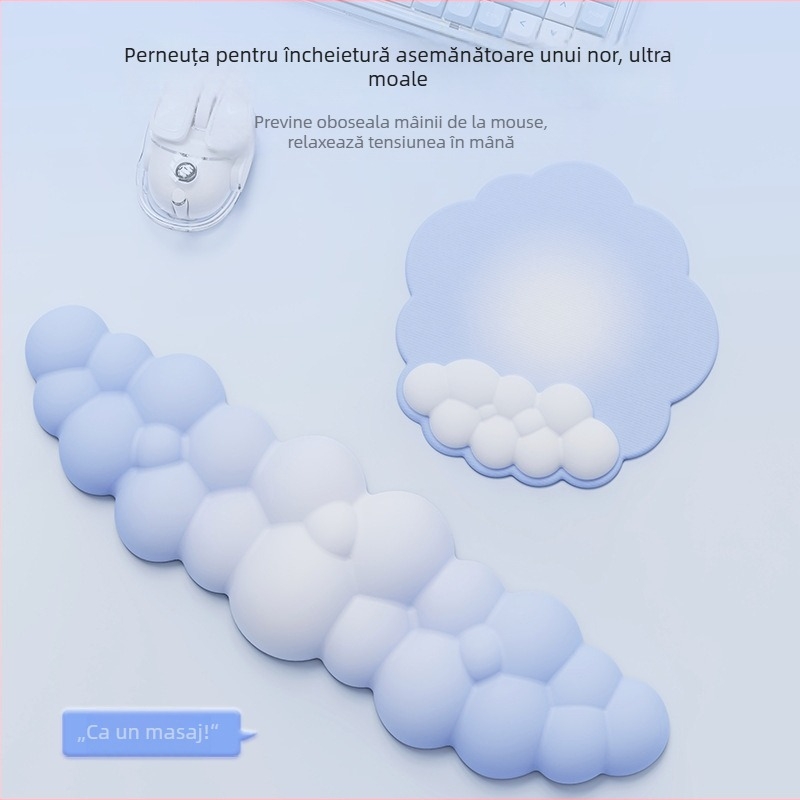 Pad de încheietură pentru birou — design cloud, materiale: textil + burete + PU, rezistent la uzură, include suport pentru încheietură