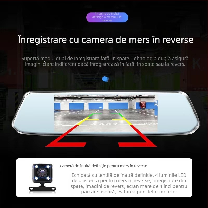 Camera de bord auto cu camere frontale și spate duale, 1080p, unghi de vizualizare 120°, imagine inversă, înregistrare ciclică