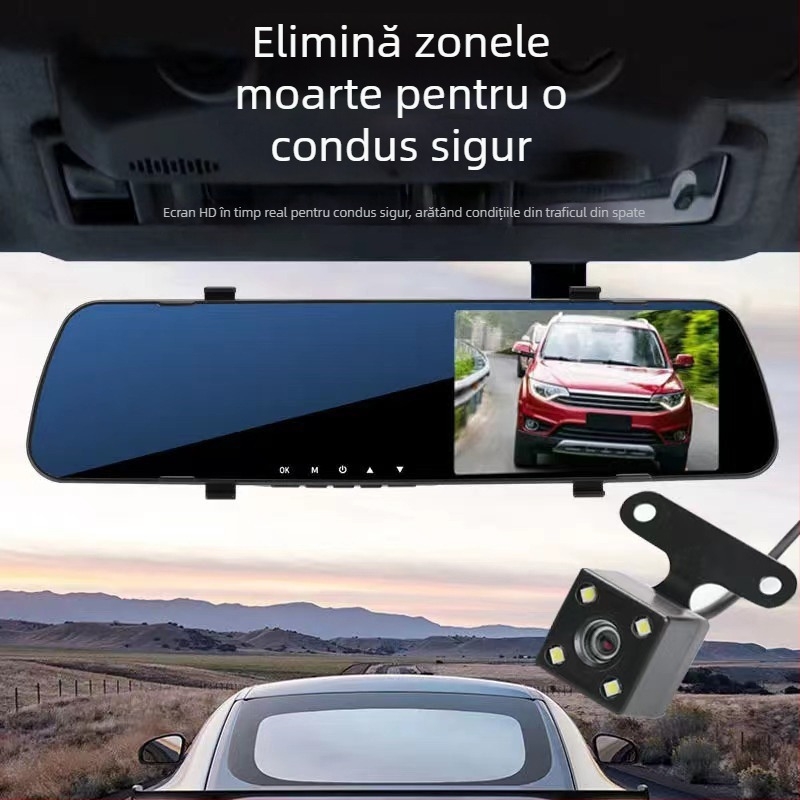 Camera de bord auto cu camere frontale și spate duale, 1080p, unghi de vizualizare 120°, imagine inversă, înregistrare ciclică