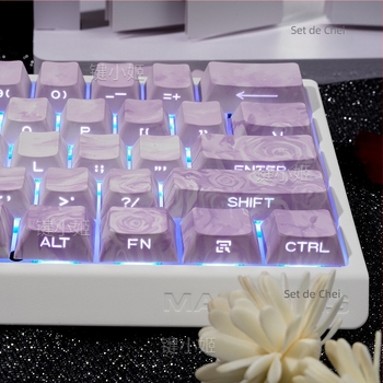 Capace pentru taste Rose Coast, gravate pe margine, transparente PBT, dye-sublimație pe cinci fețe, personalizabile pentru gaming, set de 130 de taste, iluminare RGB