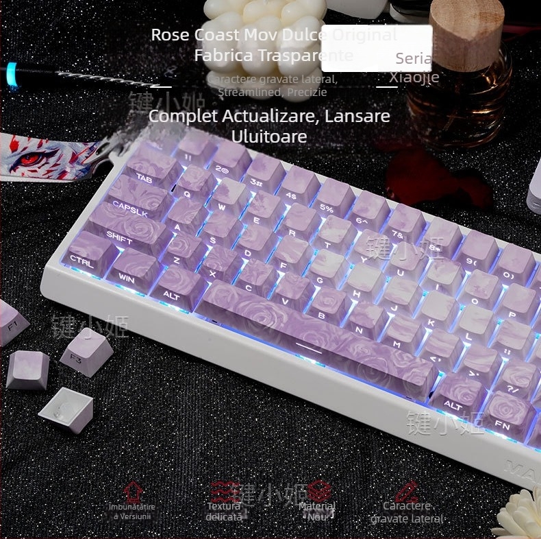 Capace pentru taste Rose Coast, gravate pe margine, transparente PBT, dye-sublimație pe cinci fețe, personalizabile pentru gaming, set de 130 de taste, iluminare RGB