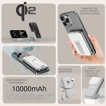 Power Bank cu baterie solid-state, suport încorporat și încărcare wireless magnetică 25W, protocol Qi2.2, ieșire maximă 35W