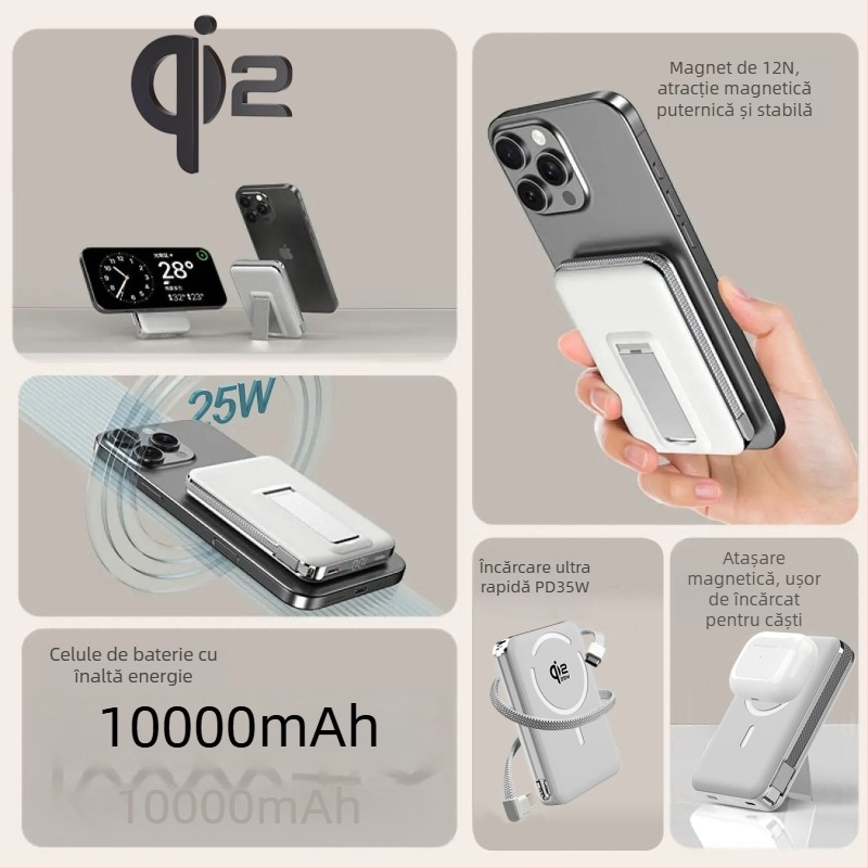 Power Bank cu baterie solid-state, suport încorporat și încărcare wireless magnetică 25W, protocol Qi2.2, ieșire maximă 35W