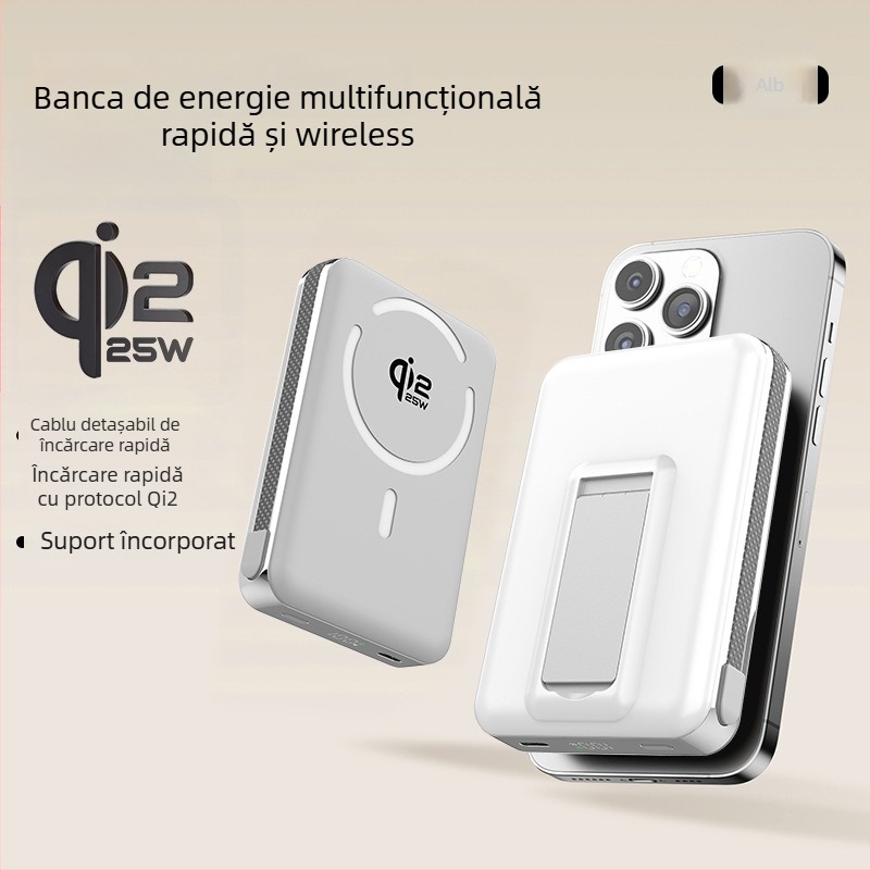 Power Bank cu baterie solid-state, suport încorporat și încărcare wireless magnetică 25W, protocol Qi2.2, ieșire maximă 35W