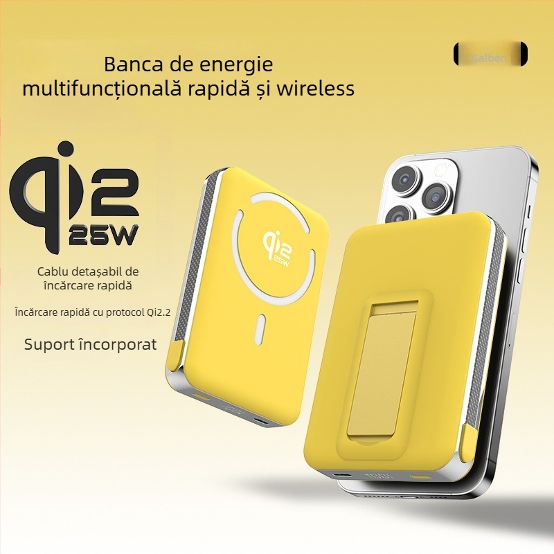 Power Bank cu baterie solid-state, suport încorporat și încărcare wireless magnetică 25W, protocol Qi2.2, ieșire maximă 35W