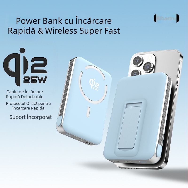 Power Bank cu baterie solid-state, suport încorporat și încărcare wireless magnetică 25W, protocol Qi2.2, ieșire maximă 35W