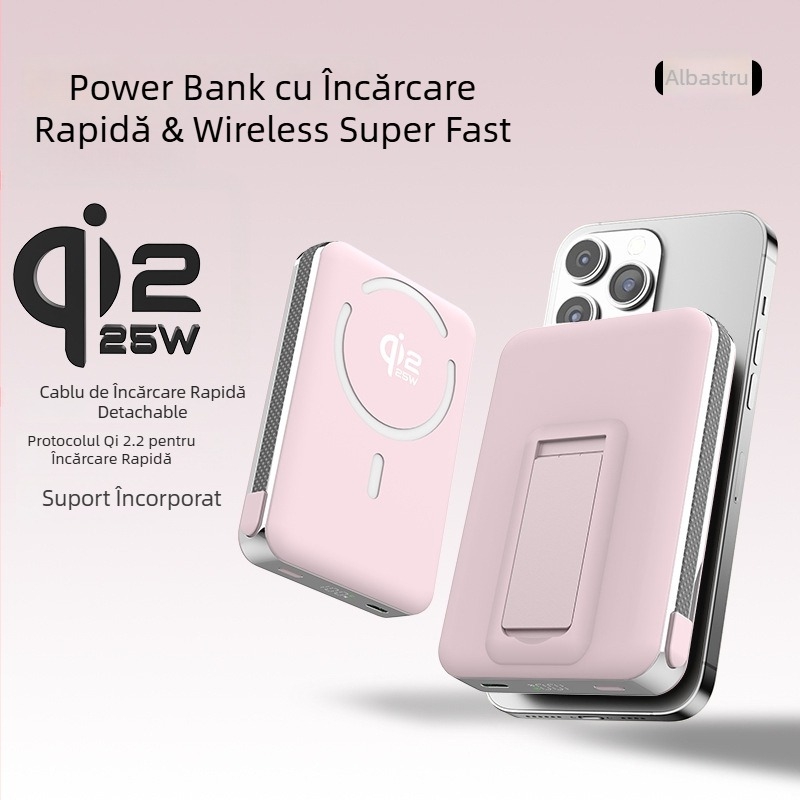 Power Bank cu baterie solid-state, suport încorporat și încărcare wireless magnetică 25W, protocol Qi2.2, ieșire maximă 35W